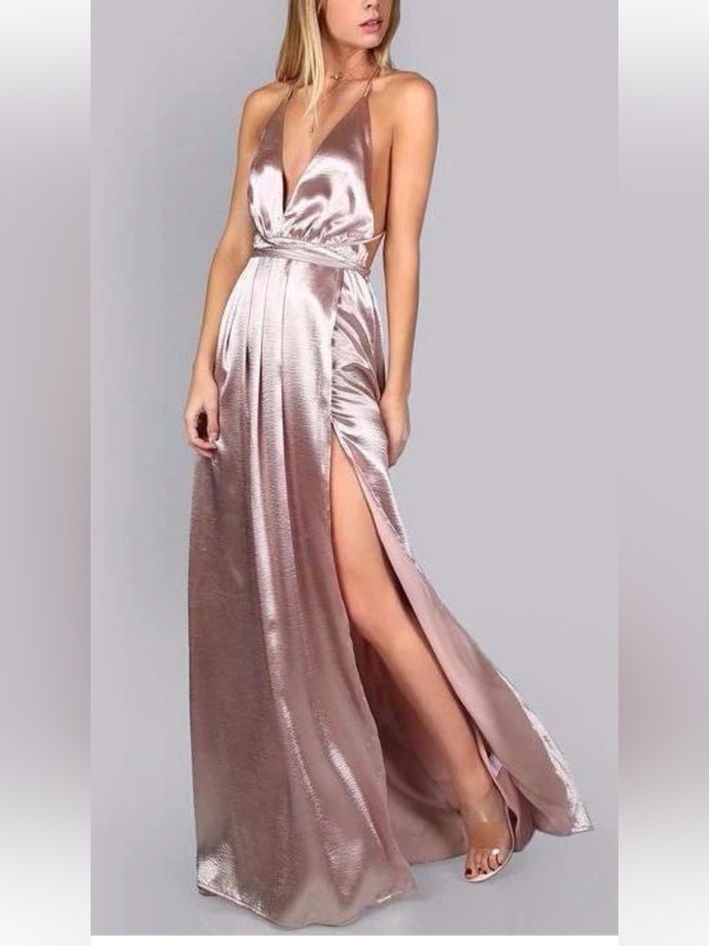 Rose Gold Satin V-Neck Maxi Dress